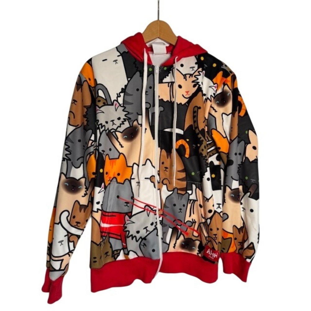 NWOT AHH‎ Coca Cola All Over Cat Print Zip Up Hoodie Size Red Trim - Small